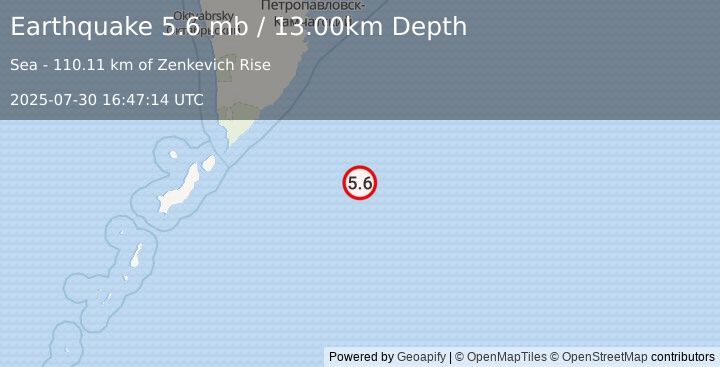 Earthquake EAST OF KURIL ISLANDS (5.7 mb) (2025-07-30 16:47:12 UTC)