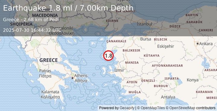 Earthquake NEAR THE COAST OF WESTERN TURKEY (1.8 ml) (2025-07-30 16:44:32 UTC)