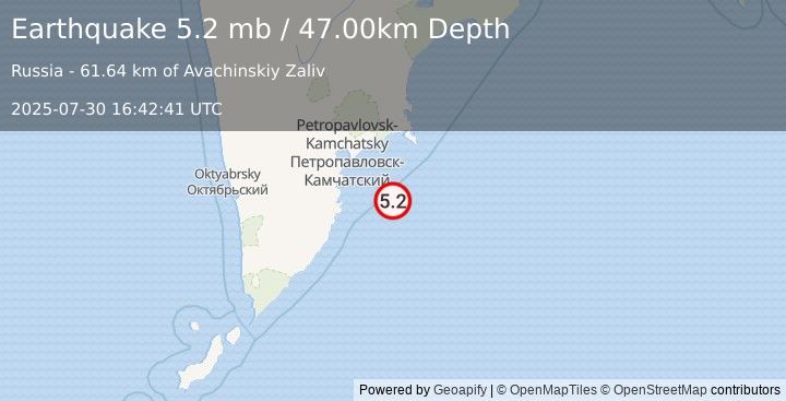 Earthquake OFF EAST COAST OF KAMCHATKA (5.2 mb) (2025-07-30 16:42:37 UTC)