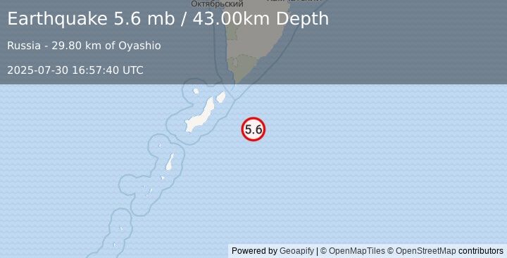 Earthquake KURIL ISLANDS (5.6 mb) (2025-07-30 16:57:38 UTC)