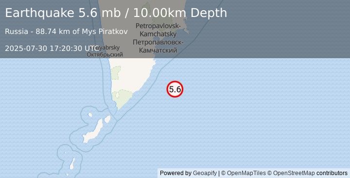 Earthquake OFF EAST COAST OF KAMCHATKA (5.3 mb) (2025-07-30 17:20:32 UTC)