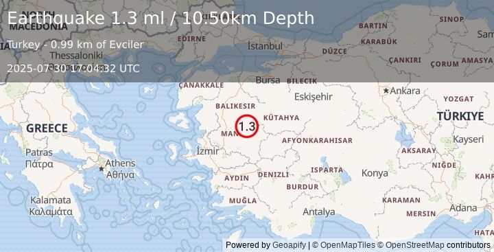Earthquake WESTERN TURKEY (1.3 ml) (2025-07-30 17:04:32 UTC)
