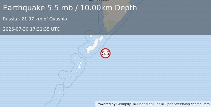 Earthquake KURIL ISLANDS (5.6 mw) (2025-07-30 17:31:38 UTC)