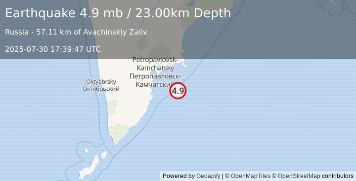 Earthquake OFF EAST COAST OF KAMCHATKA (4.9 mb) (2025-07-30 17:39:47 UTC)