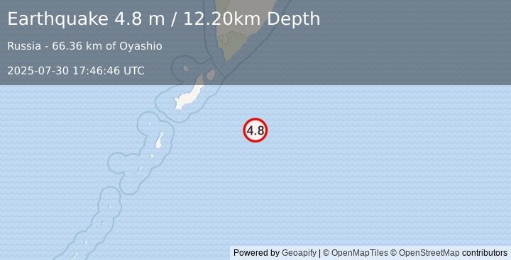 Earthquake EAST OF KURIL ISLANDS (4.8 m) (2025-07-30 17:46:46 UTC)