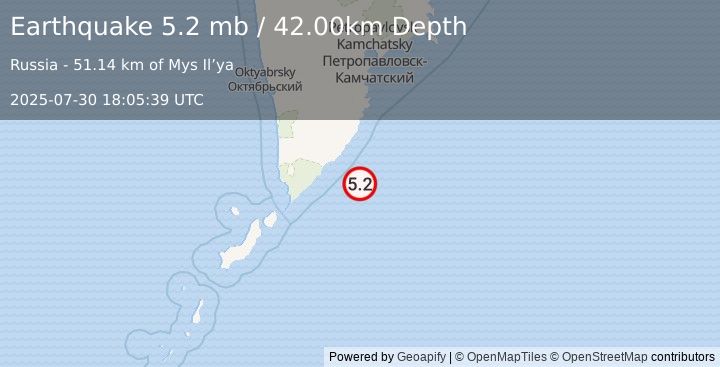 Earthquake NEAR EAST COAST OF KAMCHATKA (5.2 mb) (2025-07-30 18:05:37 UTC)