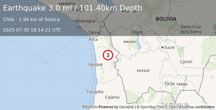 Earthquake TARAPACA, CHILE (3.0 ml) (2025-07-30 18:14:21 UTC)