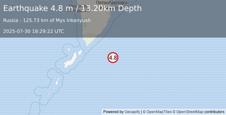 Earthquake EAST OF KURIL ISLANDS (4.7 mb) (2025-07-30 18:29:20 UTC)