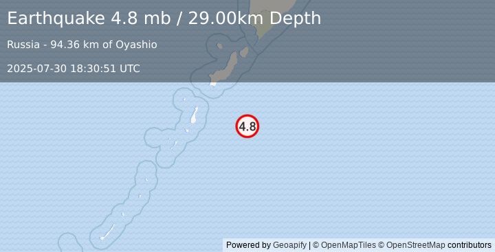 Earthquake KURIL ISLANDS (4.8 mb) (2025-07-30 18:30:51 UTC)