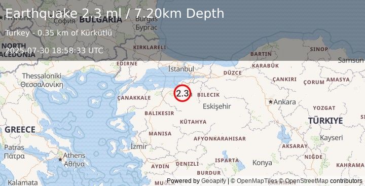 Earthquake WESTERN TURKEY (2.3 ml) (2025-07-30 18:58:33 UTC)
