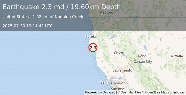 Earthquake NORTHERN CALIFORNIA (2.3 md) (2025-07-30 19:14:42 UTC)