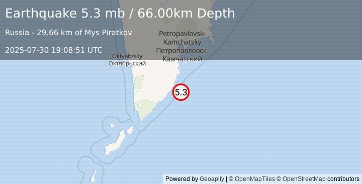 Earthquake OFF EAST COAST OF KAMCHATKA (5.3 mb) (2025-07-30 19:08:40 UTC)