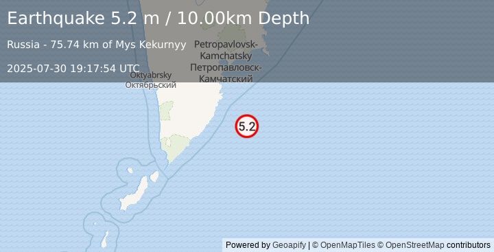 Earthquake OFF EAST COAST OF KAMCHATKA (5.2 m) (2025-07-30 19:17:52 UTC)