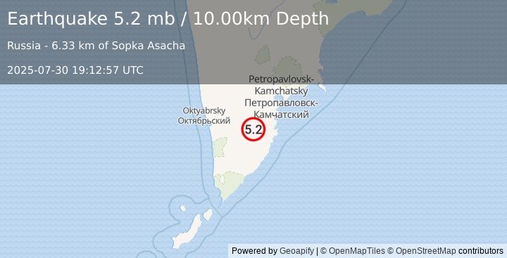 Earthquake KAMCHATKA PENINSULA, RUSSIA (5.1 mb) (2025-07-30 19:12:58 UTC)