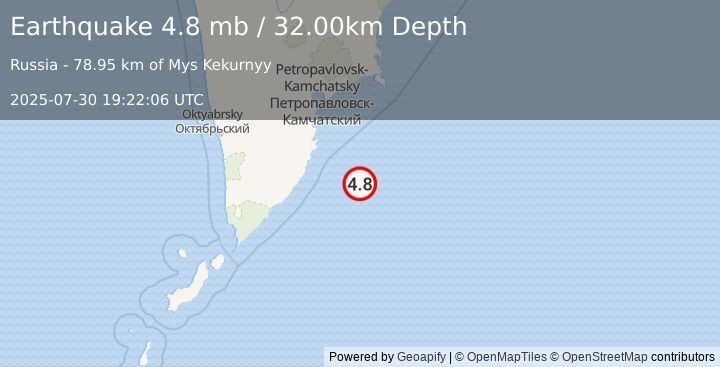 Earthquake OFF EAST COAST OF KAMCHATKA (4.8 mb) (2025-07-30 19:22:06 UTC)