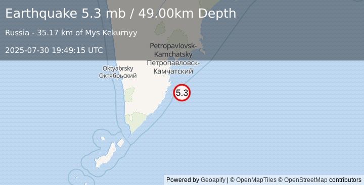 Earthquake OFF EAST COAST OF KAMCHATKA (5.2 mb) (2025-07-30 19:49:07 UTC)