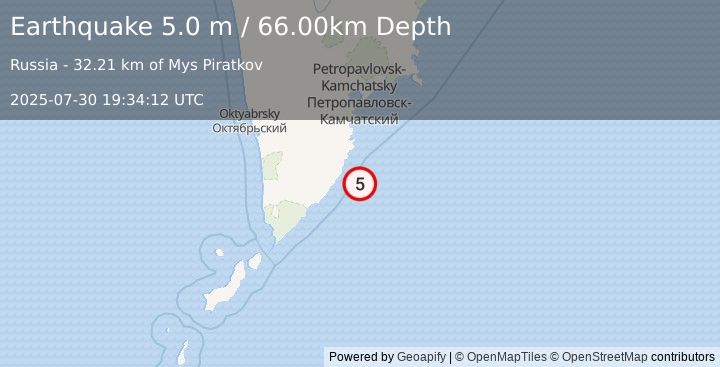 Earthquake NEAR EAST COAST OF KAMCHATKA (5.0 m) (2025-07-30 19:34:12 UTC)