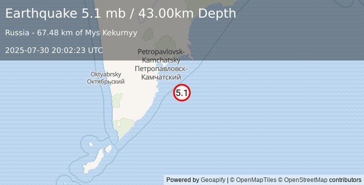 Earthquake OFF EAST COAST OF KAMCHATKA (5.2 m) (2025-07-30 20:02:23 UTC)