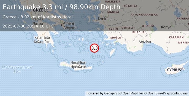 Earthquake DODECANESE ISLANDS, GREECE (3.2 ml) (2025-07-30 20:24:09 UTC)