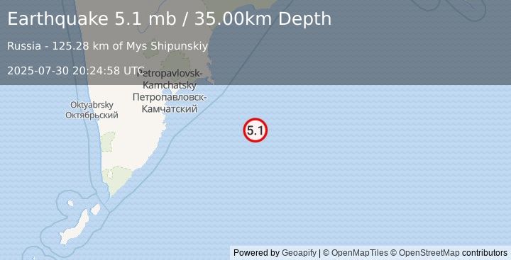 Earthquake OFF EAST COAST OF KAMCHATKA (4.9 mb) (2025-07-30 20:24:54 UTC)