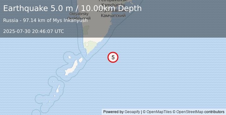 Earthquake EAST OF KURIL ISLANDS (5.0 m) (2025-07-30 20:46:07 UTC)
