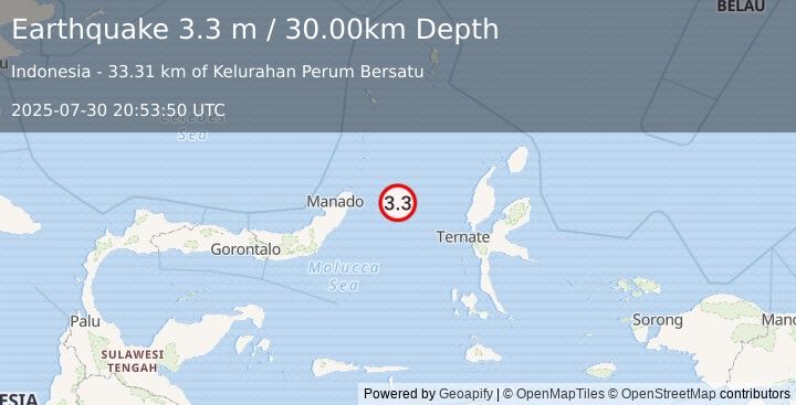 Earthquake MOLUCCA SEA (3.3 m) (2025-07-30 20:53:50 UTC)