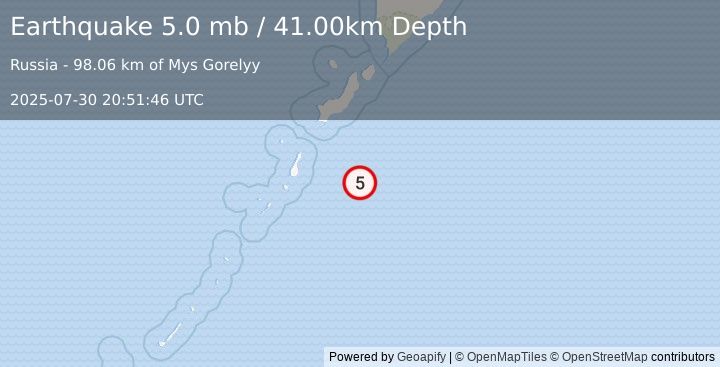 Earthquake EAST OF KURIL ISLANDS (4.9 mb) (2025-07-30 20:51:40 UTC)