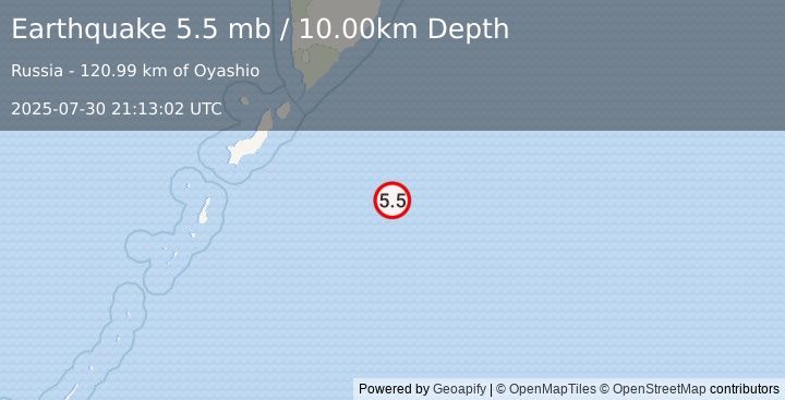 Earthquake EAST OF KURIL ISLANDS (5.5 mb) (2025-07-30 21:13:01 UTC)