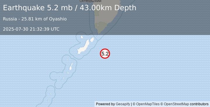 Earthquake EAST OF KURIL ISLANDS (5.3 mb) (2025-07-30 21:32:33 UTC)