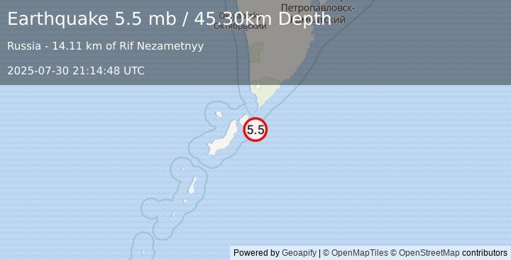 Earthquake KURIL ISLANDS (5.5 mb) (2025-07-30 21:14:48 UTC)