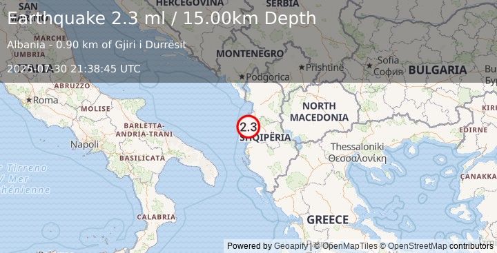 Earthquake ADRIATIC SEA (2.3 ml) (2025-07-30 21:38:45 UTC)