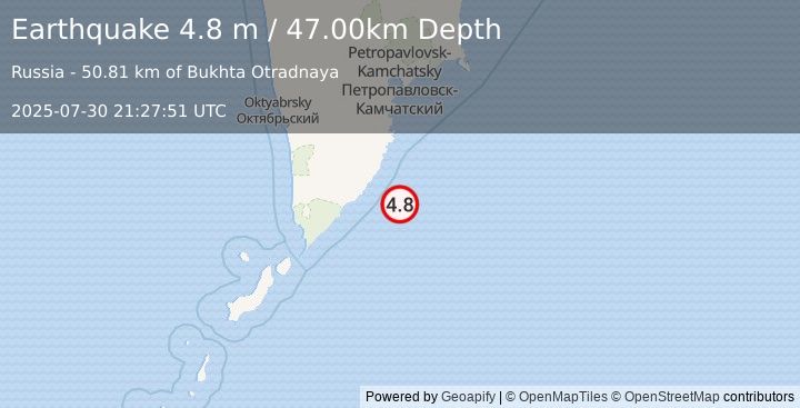 Earthquake NEAR EAST COAST OF KAMCHATKA (4.8 m) (2025-07-30 21:27:51 UTC)