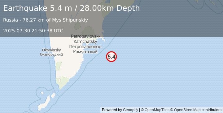 Earthquake OFF EAST COAST OF KAMCHATKA (5.6 mb) (2025-07-30 21:51:10 UTC)