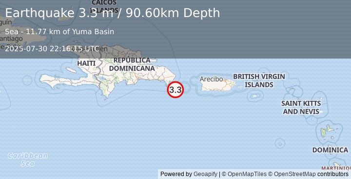 Earthquake DOMINICAN REPUBLIC REGION (3.3 m) (2025-07-30 22:16:15 UTC)