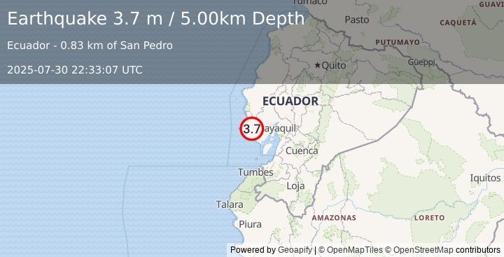 Earthquake NEAR COAST OF ECUADOR (3.7 m) (2025-07-30 22:33:07 UTC)