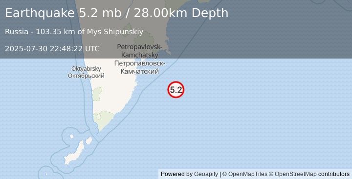 Earthquake OFF EAST COAST OF KAMCHATKA (5.3 m) (2025-07-30 22:48:19 UTC)