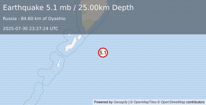 Earthquake EAST OF KURIL ISLANDS (5.1 mb) (2025-07-30 23:27:20 UTC)