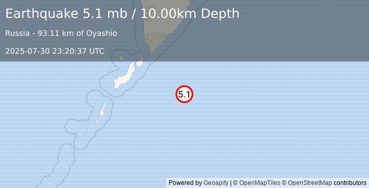 Earthquake EAST OF KURIL ISLANDS (5.1 mb) (2025-07-30 23:20:37 UTC)