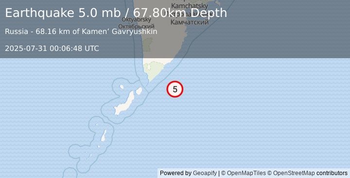 Earthquake EAST OF KURIL ISLANDS (5.1 mb) (2025-07-31 00:06:45 UTC)