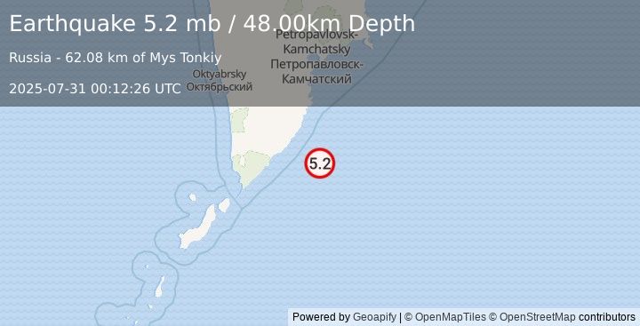 Earthquake EAST OF KURIL ISLANDS (5.0 mb) (2025-07-31 00:12:18 UTC)