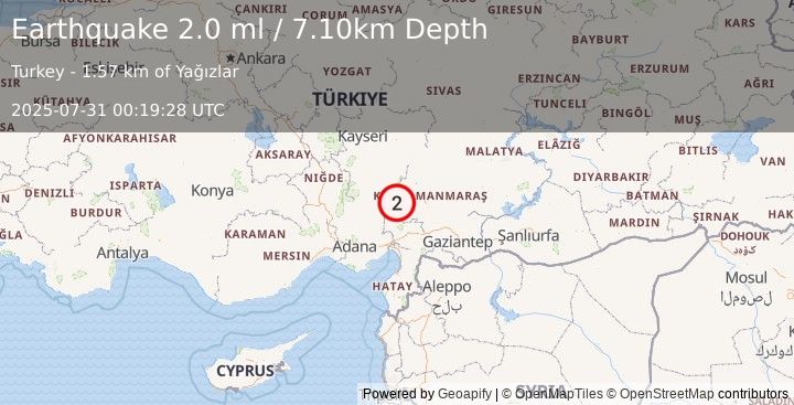 Earthquake CENTRAL TURKEY (2.0 ml) (2025-07-31 00:19:28 UTC)