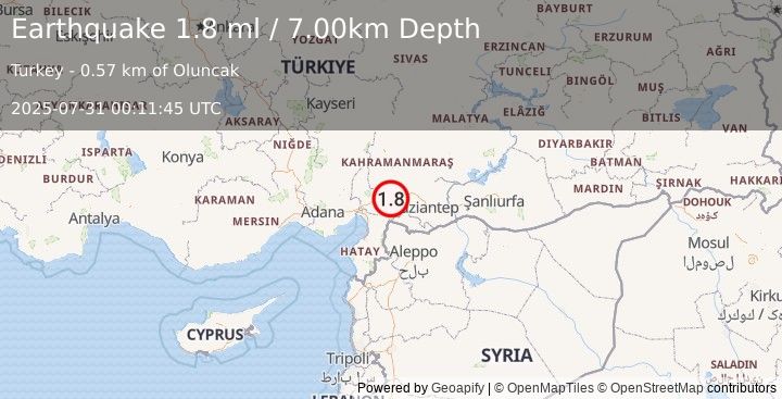 Earthquake CENTRAL TURKEY (1.8 ml) (2025-07-31 00:11:45 UTC)