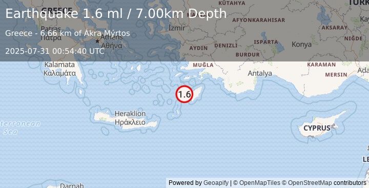 Earthquake DODECANESE IS.-TURKEY BORDER REG (1.6 ml) (2025-07-31 00:54:40 UTC)