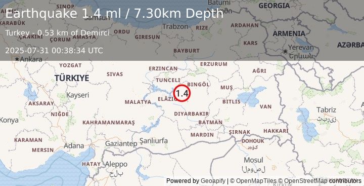 Earthquake EASTERN TURKEY (1.4 ml) (2025-07-31 00:38:34 UTC)