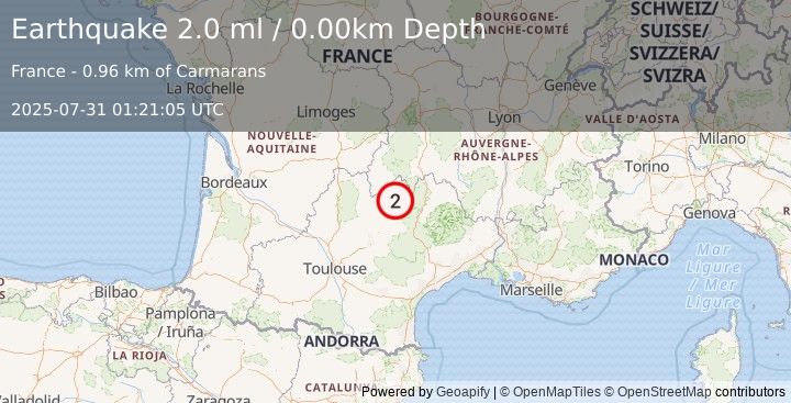 Earthquake FRANCE (2.0 ml) (2025-07-31 01:21:05 UTC)