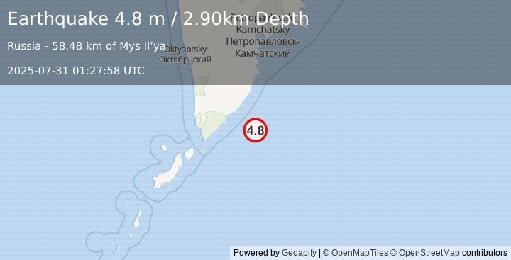 Earthquake NEAR EAST COAST OF KAMCHATKA (4.8 m) (2025-07-31 01:27:58 UTC)