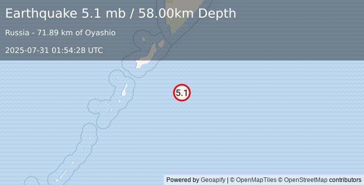 Earthquake EAST OF KURIL ISLANDS (4.7 mb) (2025-07-31 01:54:21 UTC)