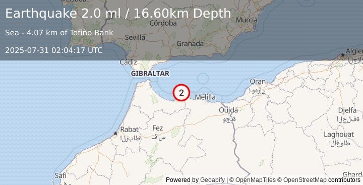 Earthquake STRAIT OF GIBRALTAR (2.0 ml) (2025-07-31 02:04:17 UTC)