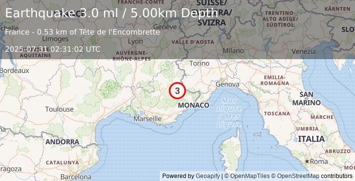 Earthquake FRANCE (3.0 m) (2025-07-31 02:31:01 UTC)