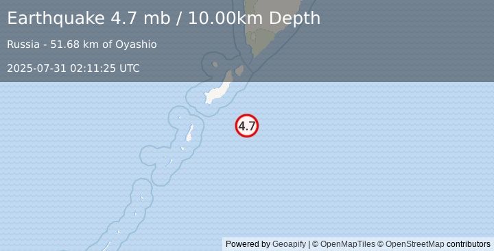 Earthquake KURIL ISLANDS (4.7 mb) (2025-07-31 02:11:25 UTC)
